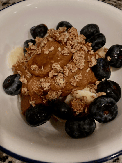 White bowl with chocolate pudding, blueberries, bananas and cereal.